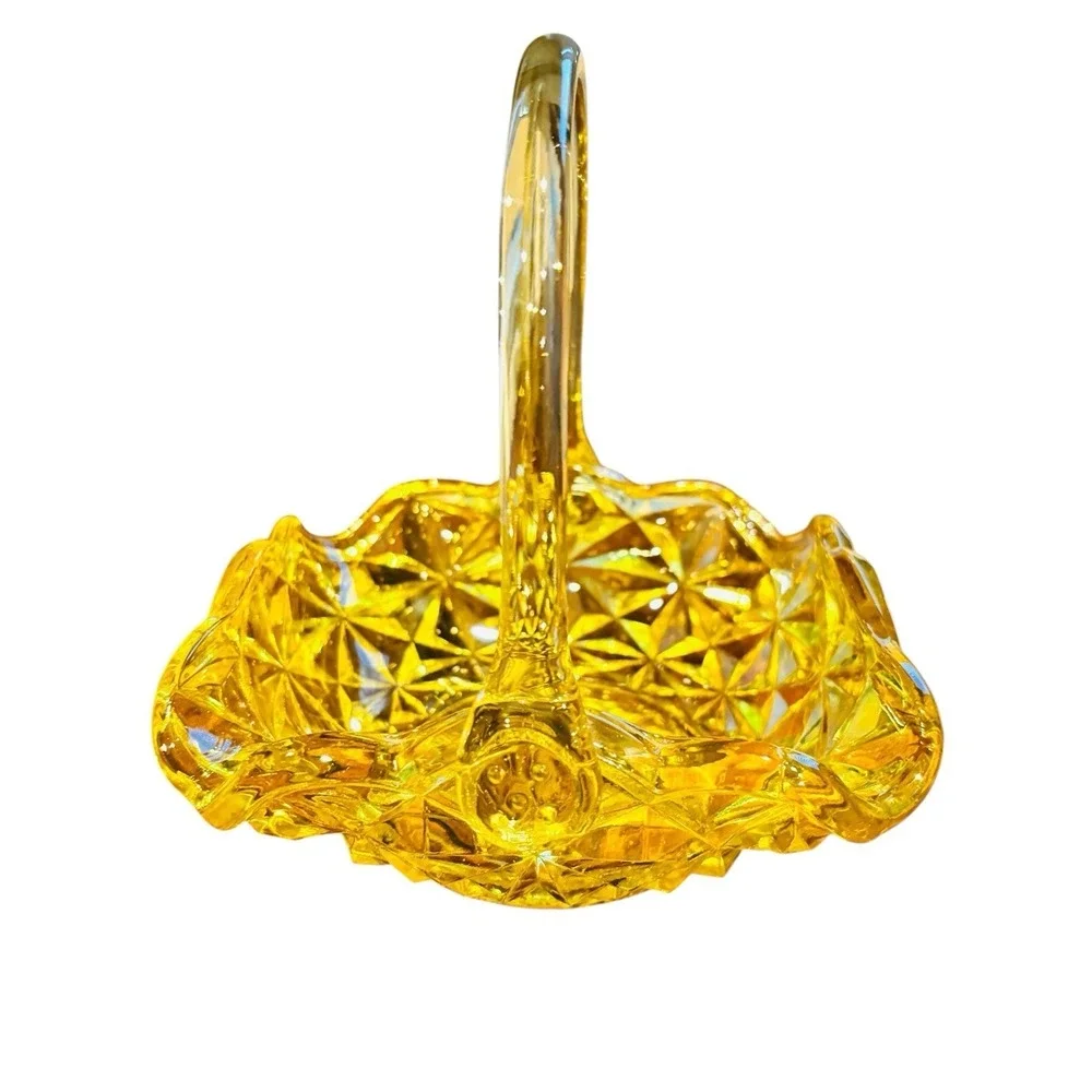 Vintage Indiana Glass Amber Daisy & Button Handled Basket Candy Dish